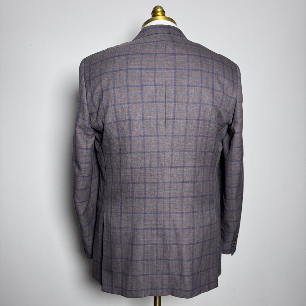 Maestro Tailor Sport Coat Mens 40R Brown Blue Windowpane Wool Silk Italy Blazer - Picture 3 of 7